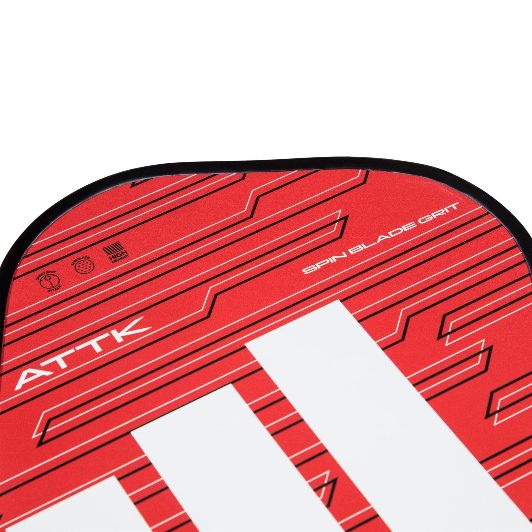 Close-up of the adidas RX ATTK 3.3 Pickleball Paddle, an intermediate red and white paddle with angular graphics, "ATTK" lettering, and "SPIN BLADE GRIT" text on the surface.