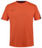 A Babolat Play Men's Crew Neck Tennis T-Shirt in Fiesta Red, made from recycled polyester, with short sleeves and small black logo accents on the chest and sleeves. Suitable for both sports and casual wear, it combines a straightforward athletic style with the durability of Babolat Play technology.
