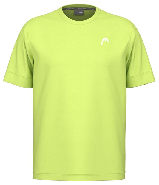 The HEAD Slice II Mens Tennis T-Shirt by HEAD features a lime green, 100% polyester interlock fabric with short sleeves and a round neckline. It has a small white logo on the upper left chest and Moisture Transfer Microfiber technology, all set against a crisp white backdrop.