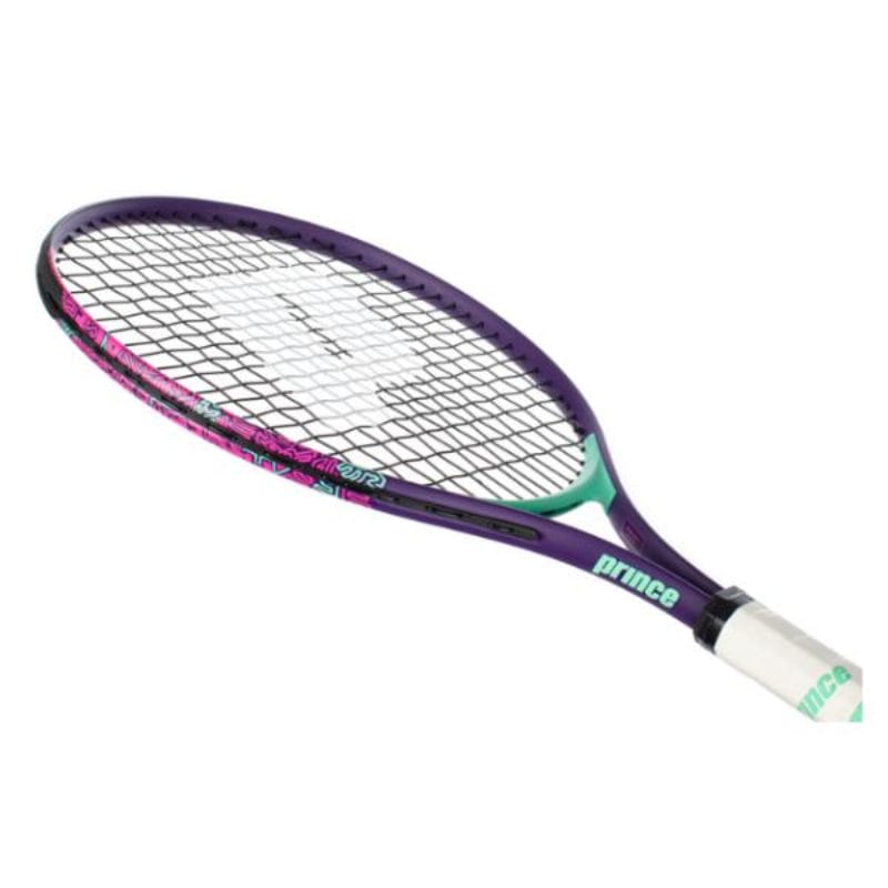 The Prince Ace/Face 26 2025 Junior Pink / Teal Tennis Racket by Prince features a white grip, black strings, and brand logos on the handle and strings—ideal as a junior tennis racket for young players.