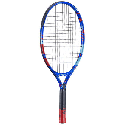 The Babolat BallFighter 21 Junior Tennis Racket is an excellent choice for beginners. Sporting a vibrant blend of blue and red, this racket also features detailed graphics on the frame and a teaching grip to enhance handling. Its tightly woven strings and standard size make it perfect for any beginner's tennis set.