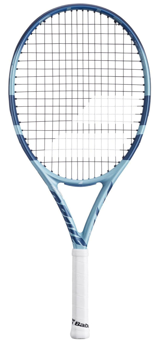 The Babolat Pure Drive Junior 25 Gen 11 Tennis Racket features a blue and white design, white grip, black strings, and visible "Babolat" branding—making it an ideal modern choice for youth tennis players.