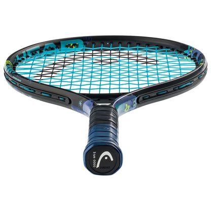 A detailed look at the HEAD Novak 21 Junior Tennis Racket showcases its blue and black color palette. The racket features blue strings and a handle accented with a black grip that includes a small logo at the end. Perfect for young athletes seeking precision, this design is inspired by HEAD ambassador Novak Djokovic.