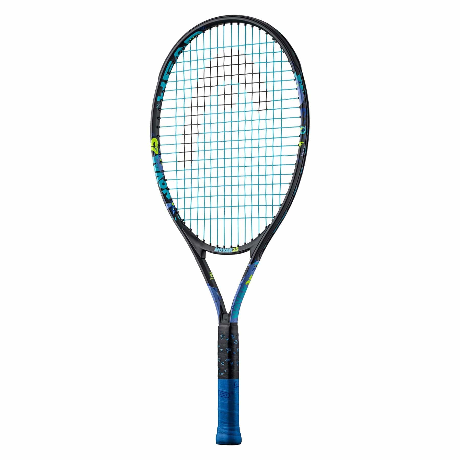 Introducing the HEAD Novak 25 Junior Tennis Racket, influenced by Novak Djokovic's style. This striking racket comes in a black and blue color scheme, showcasing turquoise strings and a blue-shaded frame with black accents. It is enhanced with a damp+ insert for superior playability, while the grip boasts sleek blue material.