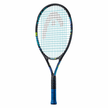 Introducing the HEAD Novak 25 Junior Tennis Racket, influenced by Novak Djokovic's style. This striking racket comes in a black and blue color scheme, showcasing turquoise strings and a blue-shaded frame with black accents. It is enhanced with a damp+ insert for superior playability, while the grip boasts sleek blue material.