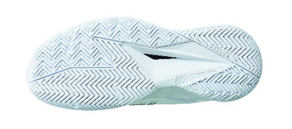 The image displays the sole of a white shoe featuring a herringbone tread pattern, engineered for superior traction on various surfaces. Expertly designed as Yonex Power Cushion Eclipsion 5 Womens Tennis Shoes, they incorporate Yonex's Power Cushion technology to boost comfort and support during demanding games.