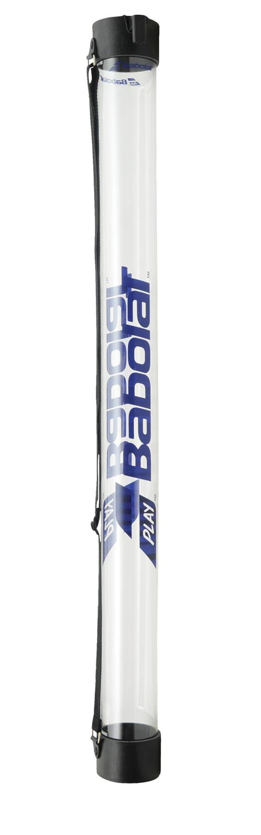 The Babolat Tennis Ball Pickup Tube is a clear cylinder with black end caps and a shoulder strap, displaying the blue Babolat logo—perfect for carrying and storing tennis or padel balls during training.