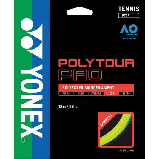 The packaging for Yonex Polytour Pro Tennis String (12m) in Yellow features a sleek blue and green vertical stripe on the left, highlighted by the Yonex logo. Prominently displaying "Polyester Monofilament" and "Comfort," it also provides details about spin potential, string length, and firmness options.