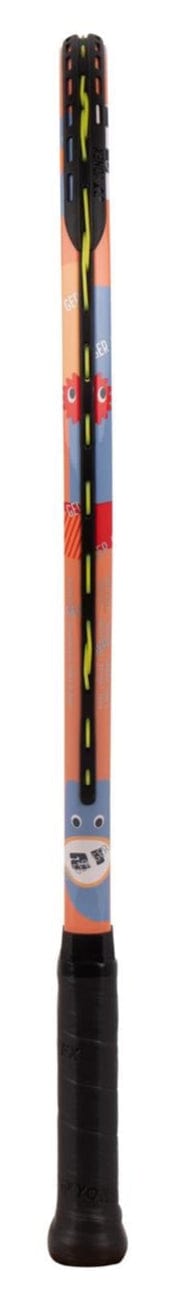 The Yonex Junior 21 Coral Orange Tennis Racket by Yonex features a black grip, a vibrant shaft with cartoon faces and blue, red, and orange patterns, plus yellow and black strings—making it perfect for kids.