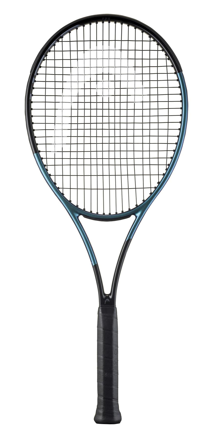 The HEAD Gravity Pro 2025 Tennis Racket by HEAD features a black frame with blue accents, black strings, and a black grip handle. Designed with Auxetic 2.0 technology for a large sweetspot, it is displayed against a white background.