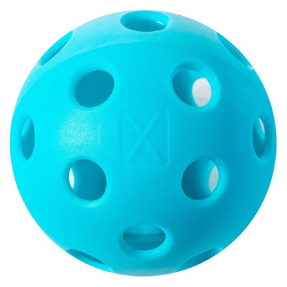 The Franklin Indoor X-26 Pickleball Balls (3 Ball) - Blue feature multiple evenly spaced holes, an embossed "X," and are USA Pickleball approved for top-quality play. Shown against a white background.