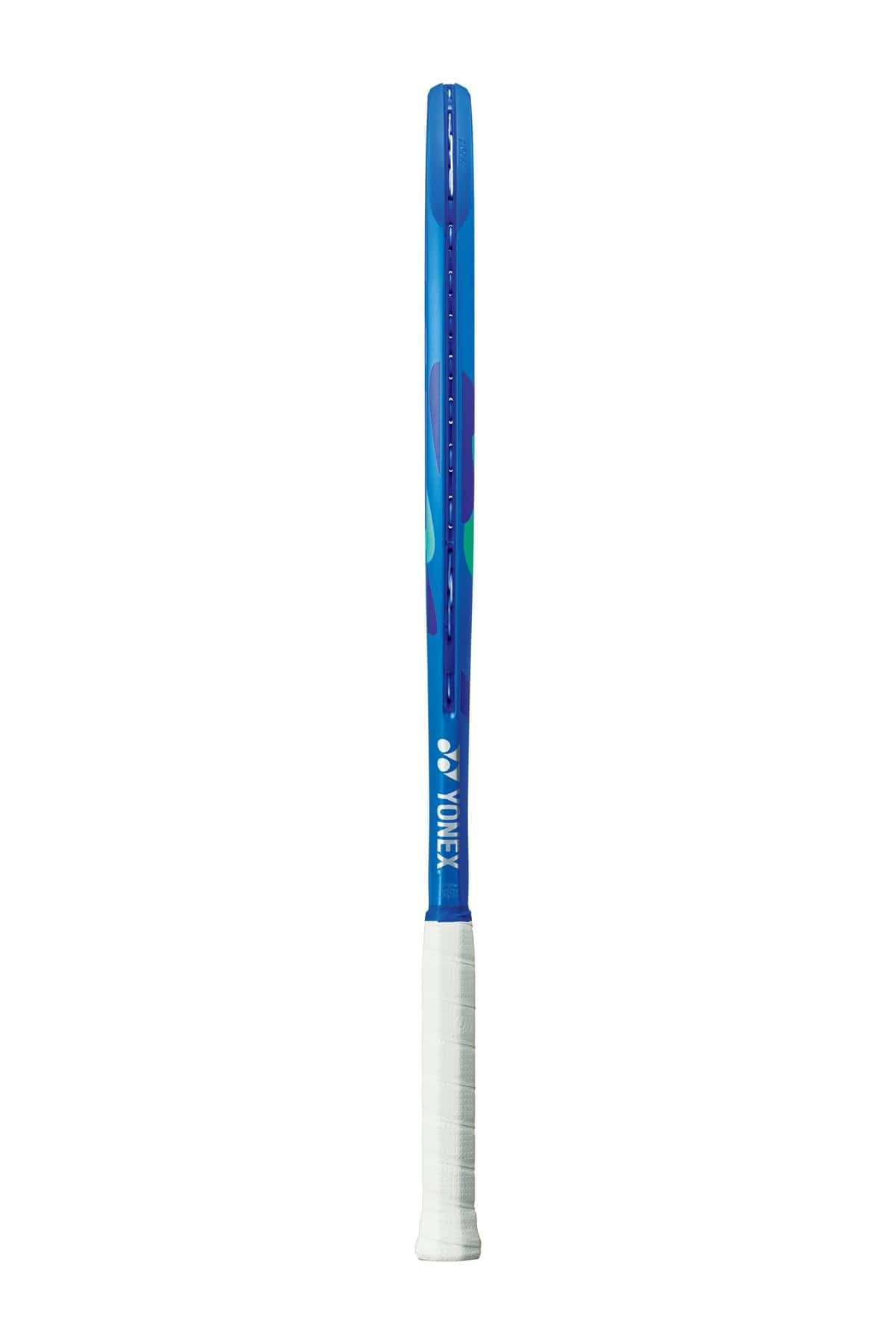 The Yonex EZONE 100 Blast Blue 2025 tennis racket stands upright on its white grip, showing the thin edge with 2G-Namd Speed technology, set against a white background.