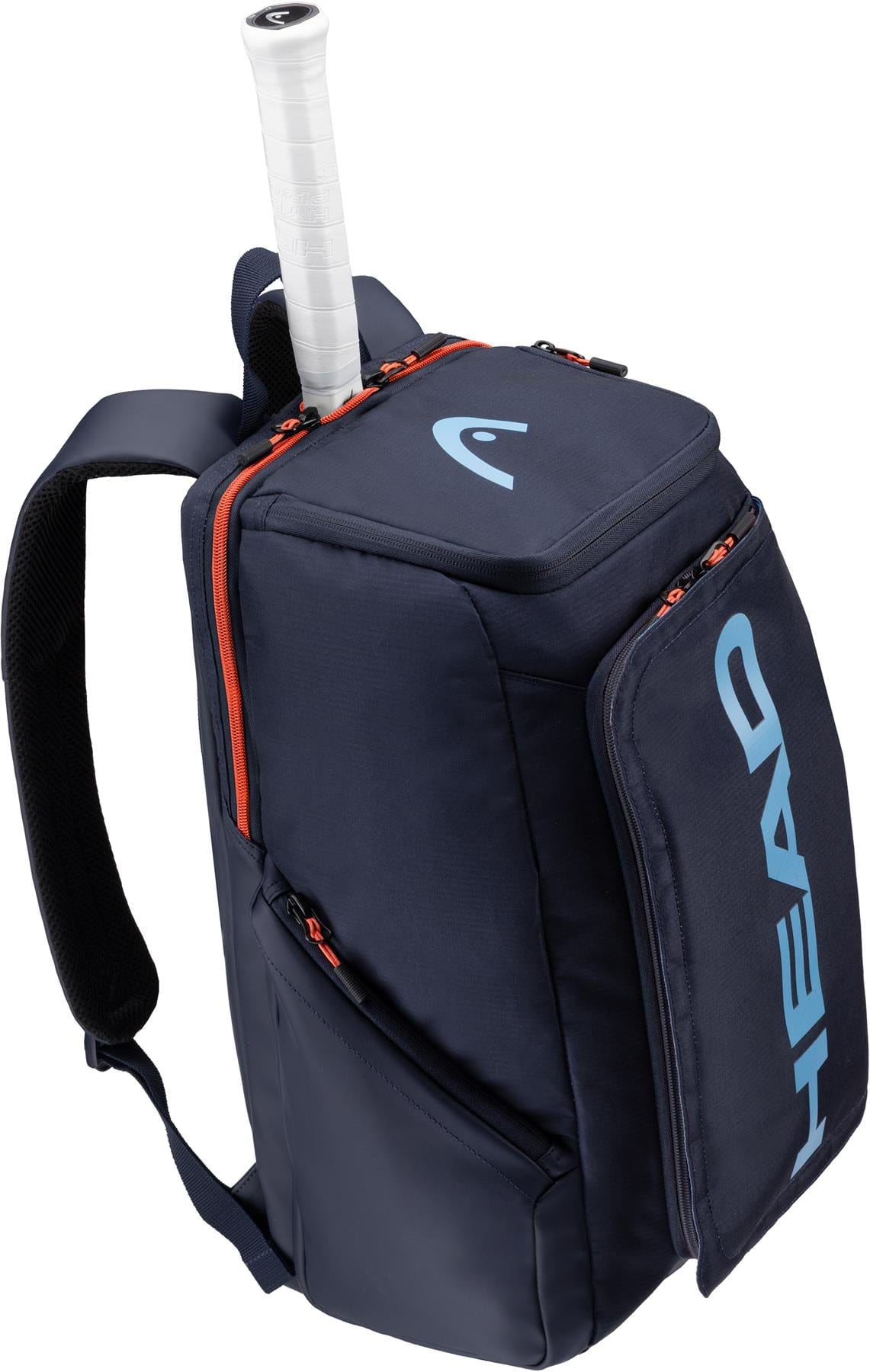 The HEAD Pro 28L Tennis Backpack in navy features red zippers, a large front pocket with the HEAD logo, a dedicated racket compartment, and a top opening designed for your racket handle.