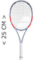 The Babolat Mini Pure Strike Gen4 Tennis Racket - Carbon Grey is shown upright beside a "25 CM >" marker, featuring a white grip and gray frame with red accents, making it a stylish tennis-themed trinket from Babolat.