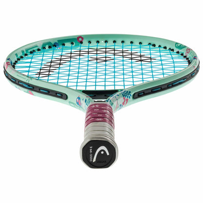 The HEAD Coco 21 Junior Tennis Racket in mint features a turquoise frame with floral patterns and black strings. It is enhanced with a Damp+ insert, and the maroon grip showcases subtle white designs. Coco Gauff’s inspired logo is displayed on the end of the handle, making it ideal for aspiring young players.