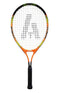 The Ashaway Alumtec 2300 Junior Tennis Racket is a lightweight aluminum racket featuring a vibrant frame in black, orange, and yellow with black strings. The handle is wrapped in black grip tape for secure play, making it an ideal choice for children's practice sessions. The Ashaway brand logo adorns the strings.