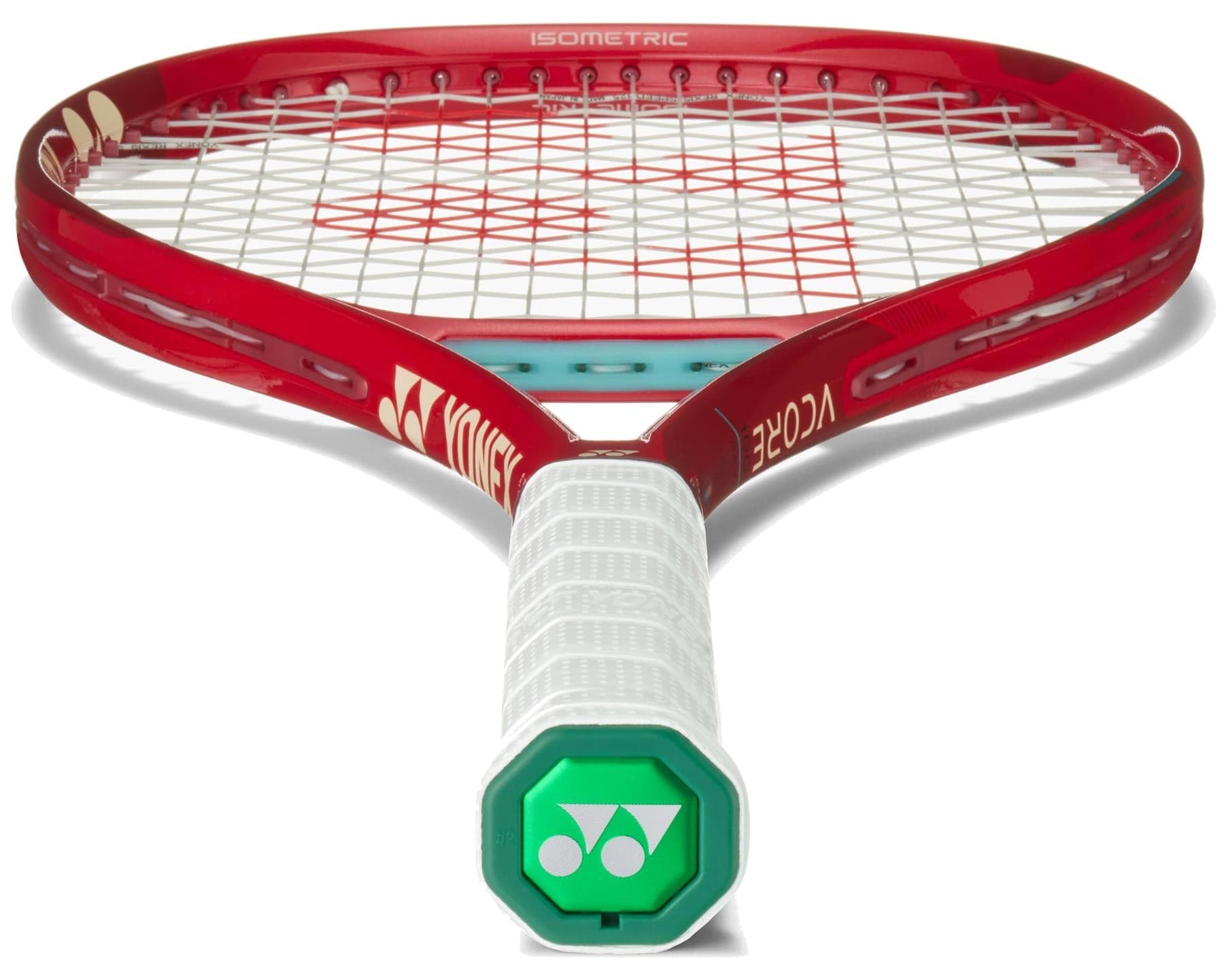 The Yonex VCORE 100L Ruby Red 2026 Tennis Racket features a white grip, green Yonex logo on the butt cap, and white strings—engineered for impressive spin potential.