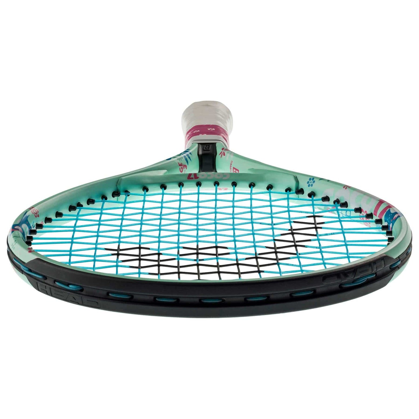 The pickleball paddle, featuring a turquoise and black design reminiscent of the HEAD Coco 17 Junior Tennis Racket - Mint, includes a crisscross string pattern along with a white handle and pink accents. Its face showcases an eye-catching geometric design, making it ideal for young athletes inspired by Coco Gauff.