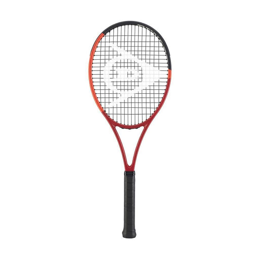 A Dunlop CX 200 Tour 16x19 2024 Tennis Racket stands upright against a white background. The red and black frame with a black grip features centrally designed white strings, ideal for advanced players.