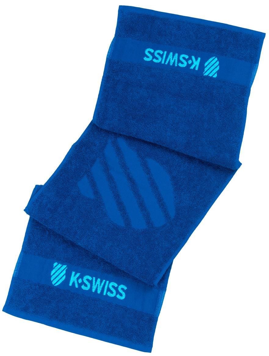 Three K-Swiss 60 Year Anniversary Towels in Brunner Blue, each featuring the K-Swiss logo in light blue, are stacked with overlapping edges on a white background. Ideal as tennis towels or for collectors.