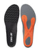 Introducing the Yonex AC196 Power Cushion Agility Insole, featuring advanced Power Cushion technology. The left insole is designed in black with a unique wavy texture and proudly displays the Yonex logo, while the right insole comes in grey with striking orange accents and a distinctive cross pattern. Enhanced for agility, these insoles are engineered to boost performance and prominently feature the signature Yonex logo near the heel.