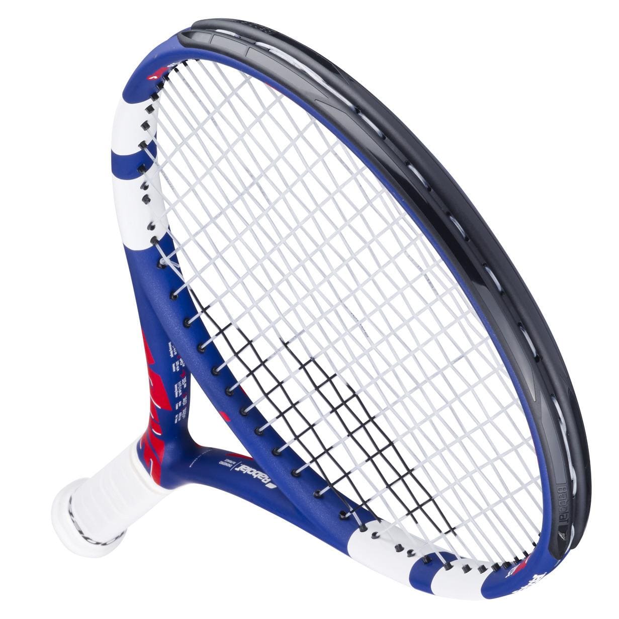 The Babolat Drive Junior 25 Tennis Racket by Babolat features a blue, white, and red frame with white strings and a white grip—ideal as a kids’ tennis racket. Shown angled against a white background.