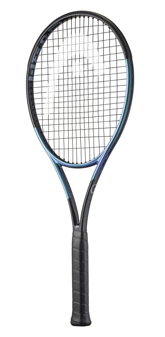 The HEAD Gravity Tour 2025 Tennis Racket by HEAD stands upright in black and blue, featuring white stringing, a black grip, and a sleek frame with Auxetic 2.0 technology for an improved sweetspot.