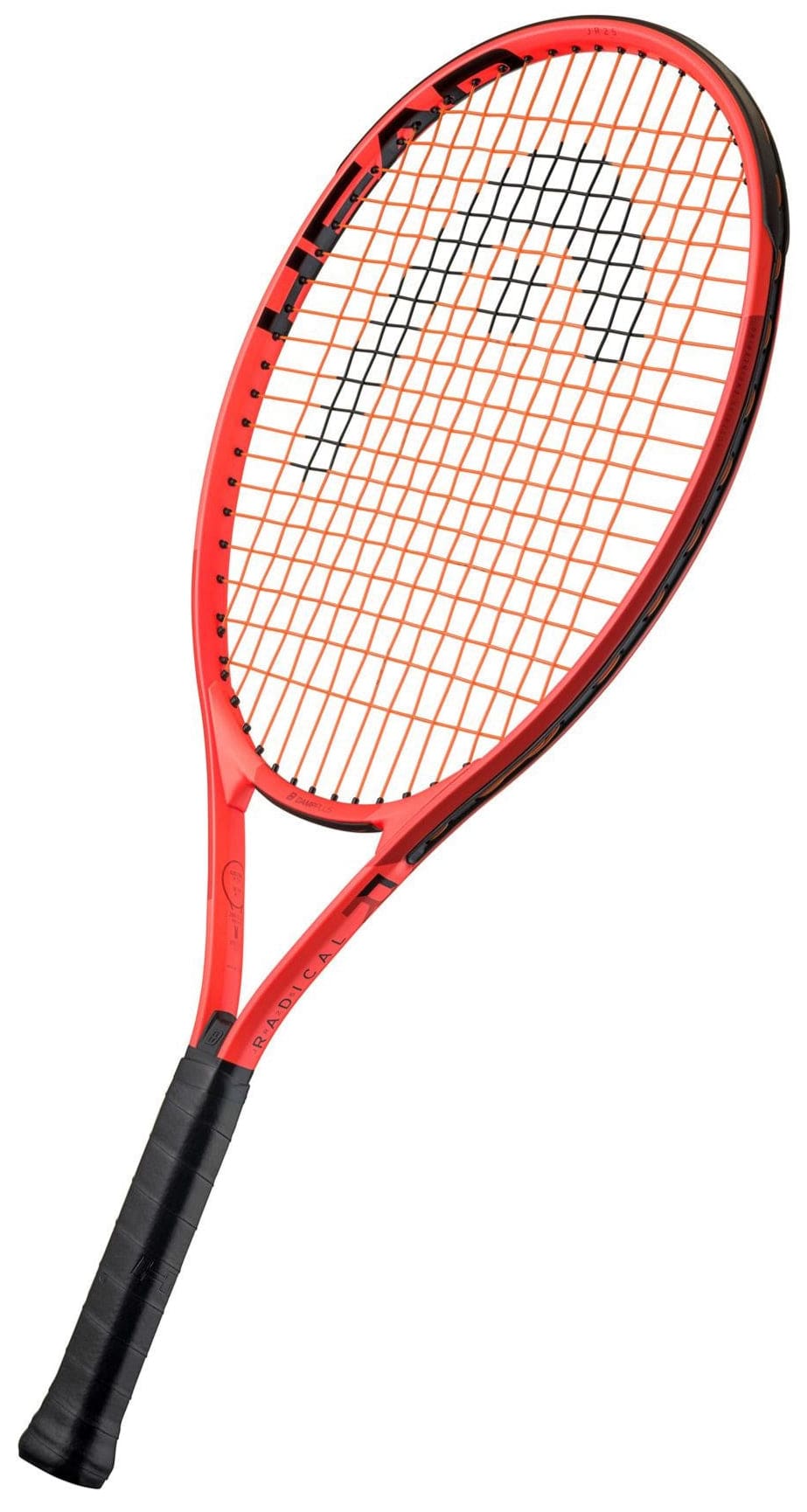 The HEAD Radical Junior 25 2025 Tennis Racket by HEAD features a red and black frame, orange strings, and a black grip, designed for young players and displayed against a white background.