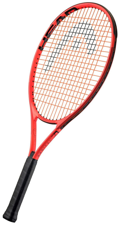 The HEAD Radical Junior 25 2025 Tennis Racket by HEAD features a red and black frame, orange strings, and a black grip, designed for young players and displayed against a white background.