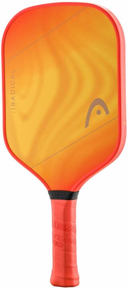 The HEAD Radical XCEED 2026 Pickleball Paddle by HEAD features a bright orange and yellow fiberglass composite face with a subtle swirl pattern, red edge bumper, matching red grip handle, and a small logo on the front.