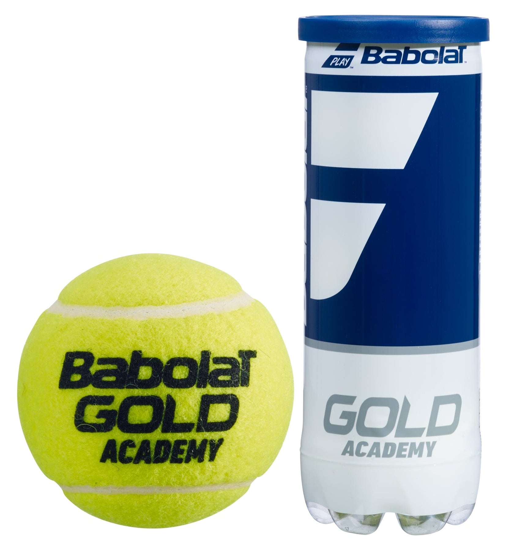 A tube of Babolat EVO Gold Academy Tennis Balls, containing three pressureless balls, is displayed. These yellow balls, featuring black text, are perfect for beginner to intermediate players. The tube showcases a blue and white design with matching Babolat branding.