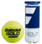 A tube of Babolat EVO Gold Academy Tennis Balls, containing three pressureless balls, is displayed. These yellow balls, featuring black text, are perfect for beginner to intermediate players. The tube showcases a blue and white design with matching Babolat branding.