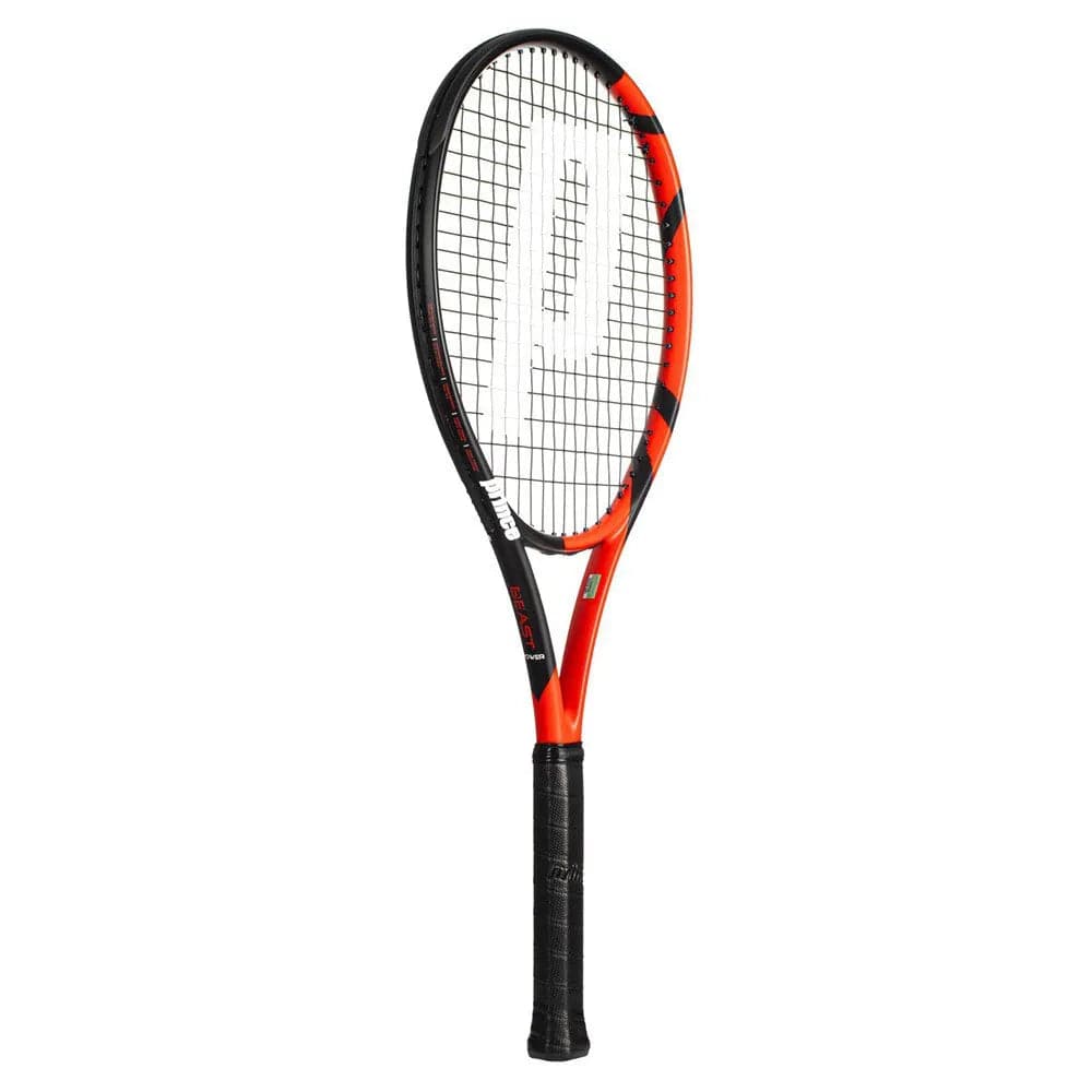 The Prince Beast Power 285g Tennis Racket by Prince features a black and red design with a black grip, white strings, and large white "P" logo—ideal graphite racket for beginners seeking power and control.
