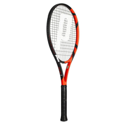 The Prince Beast Power 285g Tennis Racket by Prince features a black and red design with a black grip, white strings, and large white "P" logo—ideal graphite racket for beginners seeking power and control.