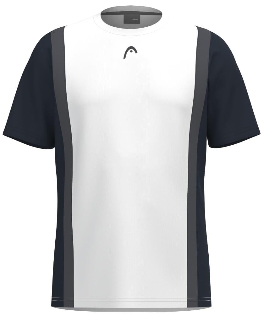Introducing the HEAD Club Tech 25 Men's Tennis T-Shirt in Navy/White, featuring short sleeves, dark gray vertical side panels, and a small logo near the neckline. Its modern design ensures breathability and advanced moisture transfer microfiber technology for sports or casual wear.