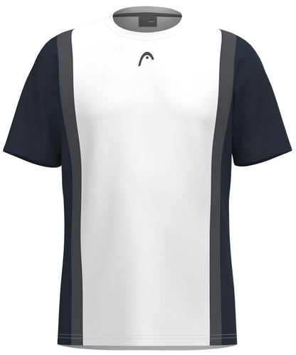 Introducing the HEAD Club Tech 25 Men's Tennis T-Shirt in Navy/White, featuring short sleeves, dark gray vertical side panels, and a small logo near the neckline. Its modern design ensures breathability and advanced moisture transfer microfiber technology for sports or casual wear.