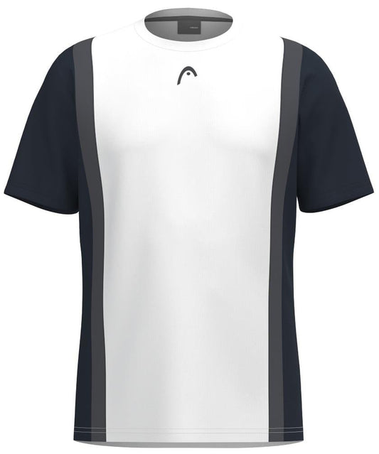 Introducing the HEAD Club Tech 25 Men's Tennis T-Shirt in Navy/White, featuring short sleeves, dark gray vertical side panels, and a small logo near the neckline. Its modern design ensures breathability and advanced moisture transfer microfiber technology for sports or casual wear.