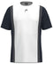 Introducing the HEAD Club Tech 25 Men's Tennis T-Shirt in Navy/White, featuring short sleeves, dark gray vertical side panels, and a small logo near the neckline. Its modern design ensures breathability and advanced moisture transfer microfiber technology for sports or casual wear.