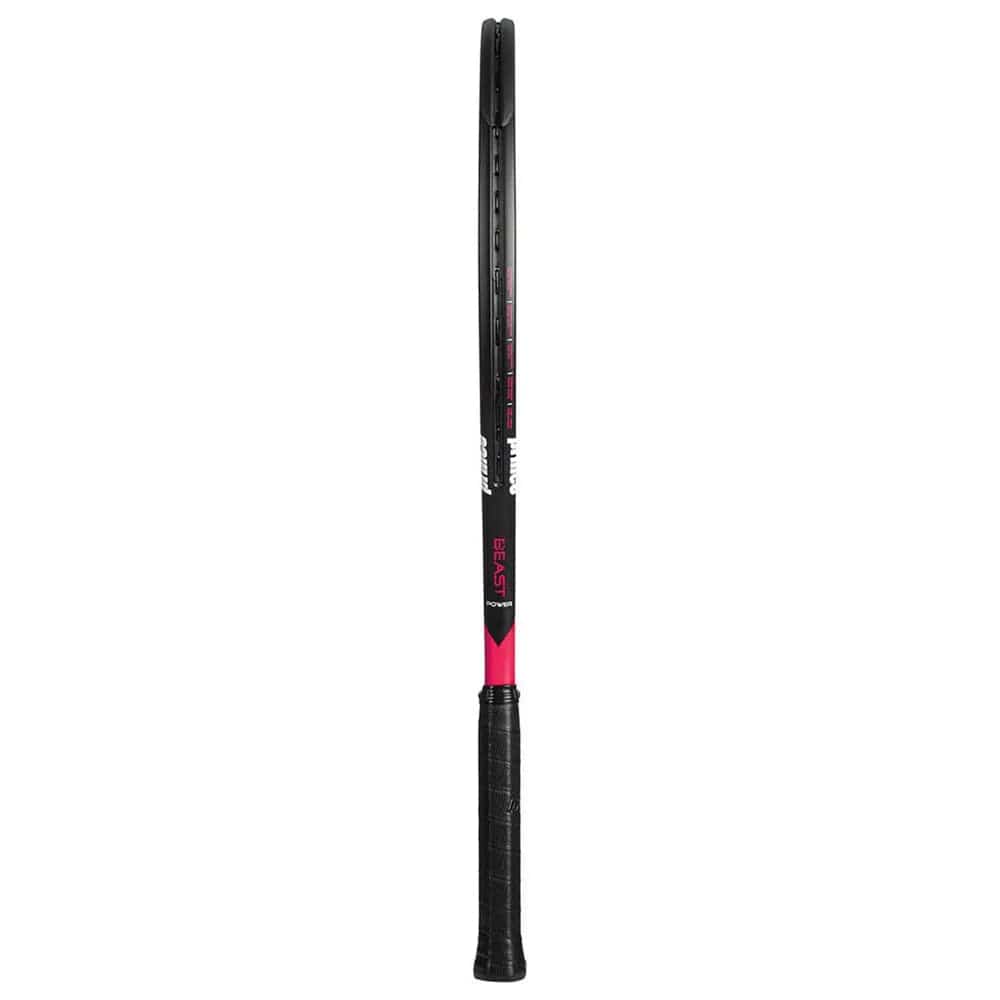 The Prince Beast Power 270g Tennis Racket by Prince is shown upright, with a black grip and red-and-black frame edge-on, highlighting its narrow graphite construction.
