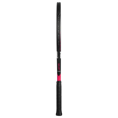 The Prince Beast Power 270g Tennis Racket by Prince is shown upright, with a black grip and red-and-black frame edge-on, highlighting its narrow graphite construction.