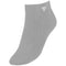 A single silver ankle sock with ribbed detailing, ideal for racket sports, featuring a small white logo near the top. Designed for comfort, these Tecnifibre Low Cut Tennis Socks (3 Pack) offer both style and performance on the court.