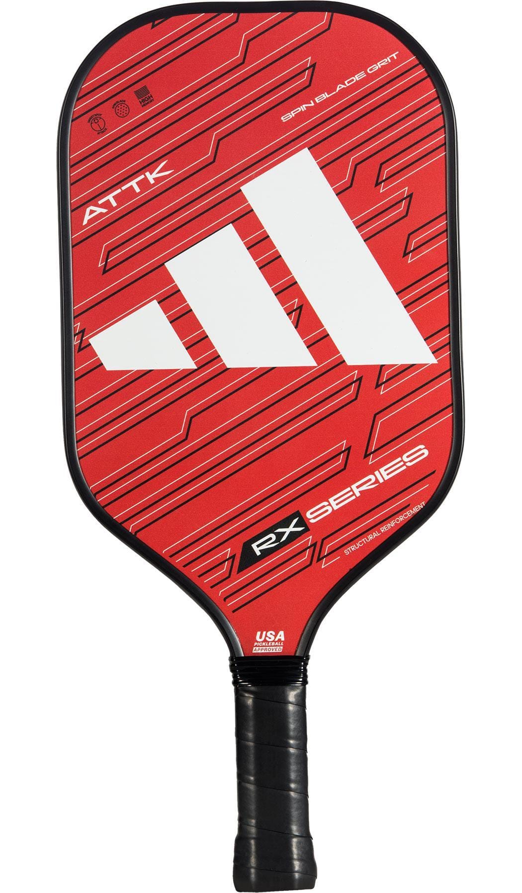 The adidas RX ATTK 3.3 Pickleball Paddle features a red design with white diagonal stripes, black trim, and "RX SERIES" printed near the handle. It has a black grip tape handle—perfect for intermediate players.