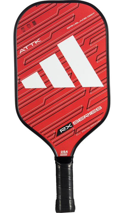 The adidas RX ATTK 3.3 Pickleball Paddle features a red design with white diagonal stripes, black trim, and "RX SERIES" printed near the handle. It has a black grip tape handle—perfect for intermediate players.