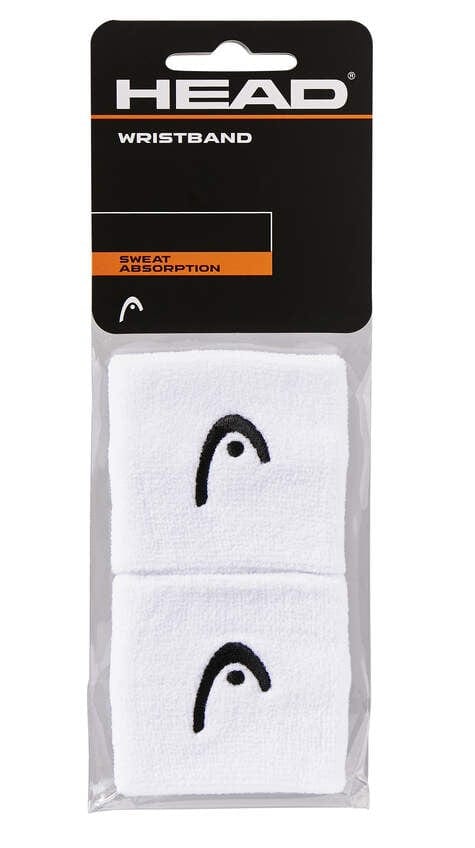 The package includes two white HEAD 2.5" Tennis Wristbands featuring the "HEAD" logo embroidered in black, engineered for excellent sweat absorption and elasticity. The label reads "HEAD WRISTBAND" to emphasize their high performance on the court.