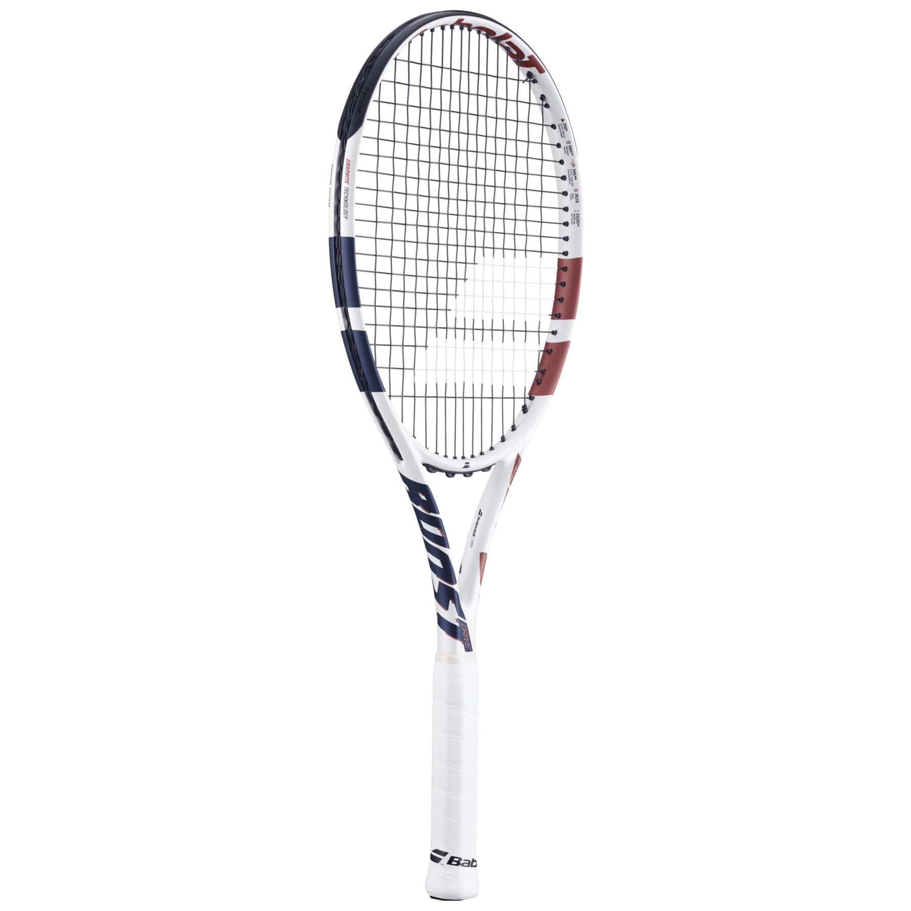 A Babolat Boost Drive Tennis Racket stands upright on a white background, featuring black, blue, and red accents, black strings, a white grip, and a lightweight graphite frame with a forgiving 680cm² head.
