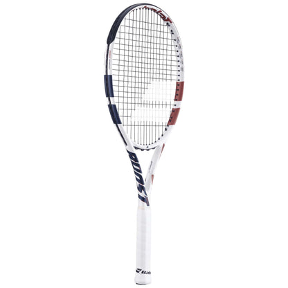 A Babolat Boost Drive Tennis Racket stands upright on a white background, featuring black, blue, and red accents, black strings, a white grip, and a lightweight graphite frame with a forgiving 680cm² head.