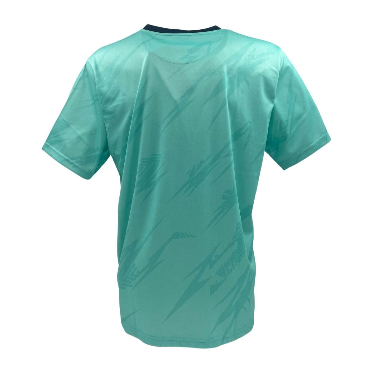 The Yonex YTM8 Men's Tennis T-Shirt in Mint/Navy features a subtle abstract pattern. Made of moisture-wicking polyester, this short-sleeved shirt includes a round neckline and breathable fabric for comfort on the court, displayed from the back to highlight its design.