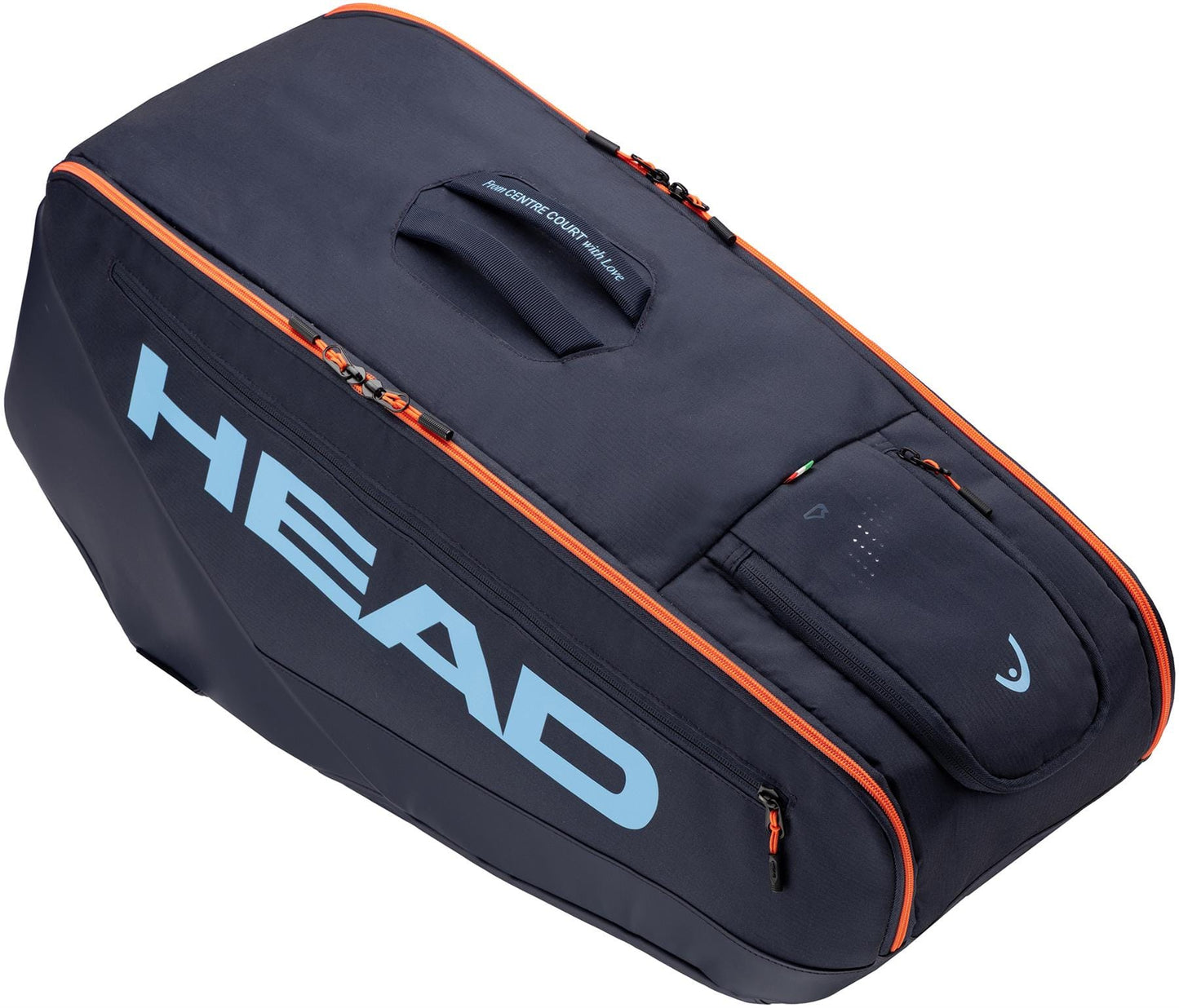 The HEAD Pro 9 Racket Tennis Bag L – Navy features a spacious design, top handle, multiple compartments, and a bold navy color with a blue HEAD logo—ideal for tennis enthusiasts and inspired by Jannik Sinner.