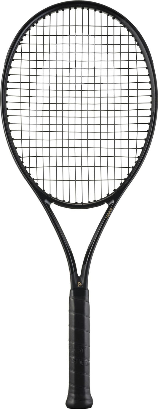 The HEAD Speed Pro Legend 2025 Tennis Racket by HEAD, inspired by Novak Djokovic, is black with a dark grip and tight strings, displayed vertically against a white background.