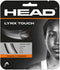 The HEAD Lynx Touch Tennis String Set - Twilight Blue features an elegant silver and orange packaging, perfect for performance players. The design prominently displays specifications of 1.25 mm and 12 m (40 ft), with emphasis on "Touch" and "Power." A half portrait of a person in a sports tank is located on the right side, underscoring the co-polyester monofilament strings.